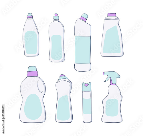 Detergent bottle and chemicals household product set.