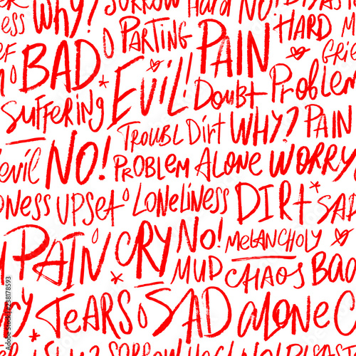 Vector seamless pattern with the bad words Pain, dirt, upset, angry, evil, tears and others. Handwritten pattern