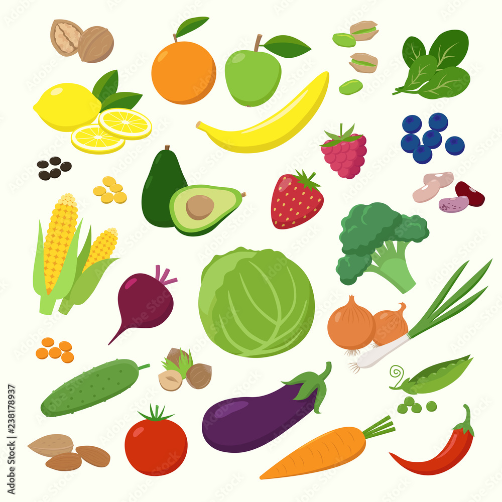 Large set of fruits, vegetables and berries in flat design isolated on white background. Vegetarian food Infographic elements. Large set of fruits, vegetables and berries in flat design isolated on white background. Vegetarian food Infographic elements.
