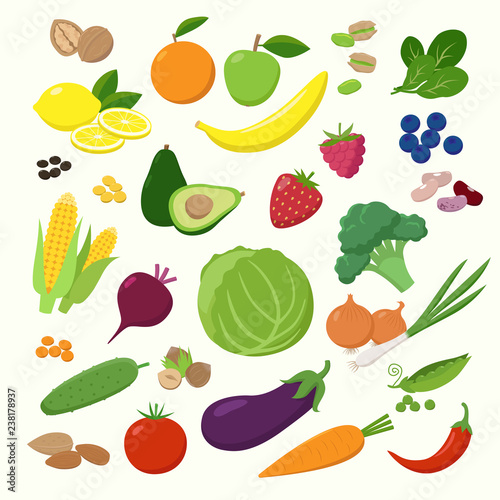 Large set of fruits, vegetables and berries in flat design isolated on white background. Vegetarian food Infographic elements.