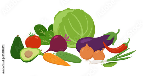 Fototapeta Naklejka Na Ścianę i Meble -  Set of juicy vegetables grouped together in flat design. Vitamins food vector concept illustration isolated on white.