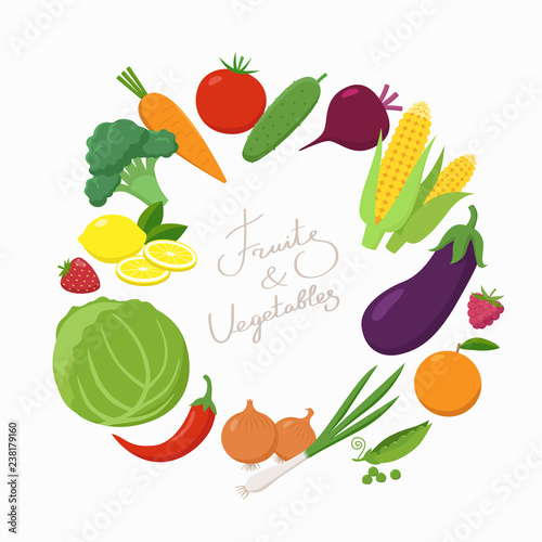 Fresh Vegetables around the text place in flat design isolated on white background. Vegetarian food concept vector illustration. Round frame of various fruits and vegetables and lettering text inside