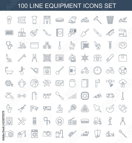 equipment icons. Trendy 100 equipment icons. Contain icons such as sparklers, forklift, flippers, excavator, hair brush, vacuum cleaner, camera. equipment icon for web and mobile.