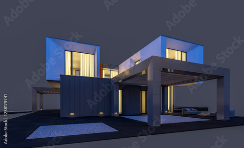3d rendering of modern cozy house by the river with garage for sale or rent. Cool evening with soft light from window. Isolated on gray © korisbo