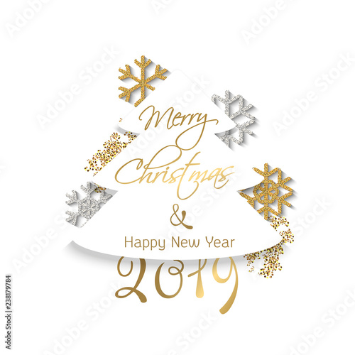 Christmas fir cut out of paper in the vector. Congratulations on Christmas and New Year 2019.
