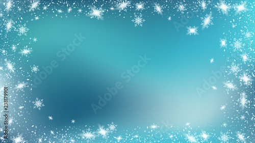 Flying snow background. Bbright, White, Shimmer, Glowing, Scatter, Falling on a Blue background. Festive Christmas card design.