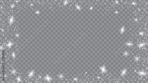 Flying snow background. Festive frame for New Year greetings. Bbright, White, Shimmer, Glowing, Scatter, Falling on a Transparent background.