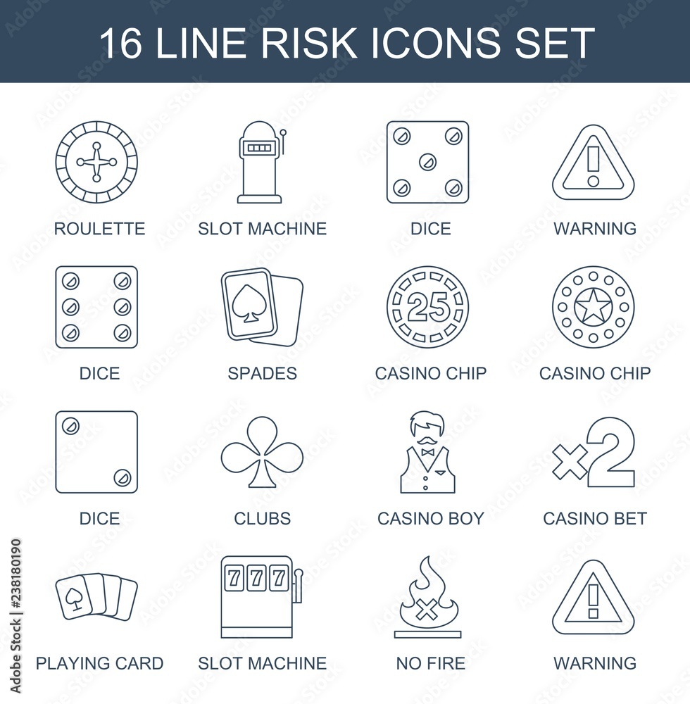 Fototapeta premium 16 risk icons. Trendy risk icons white background. Included line icons such as Roulette, Slot machine, Dice, warning, Spades, casino chip, Casino chip. risk icon for web and mobile.