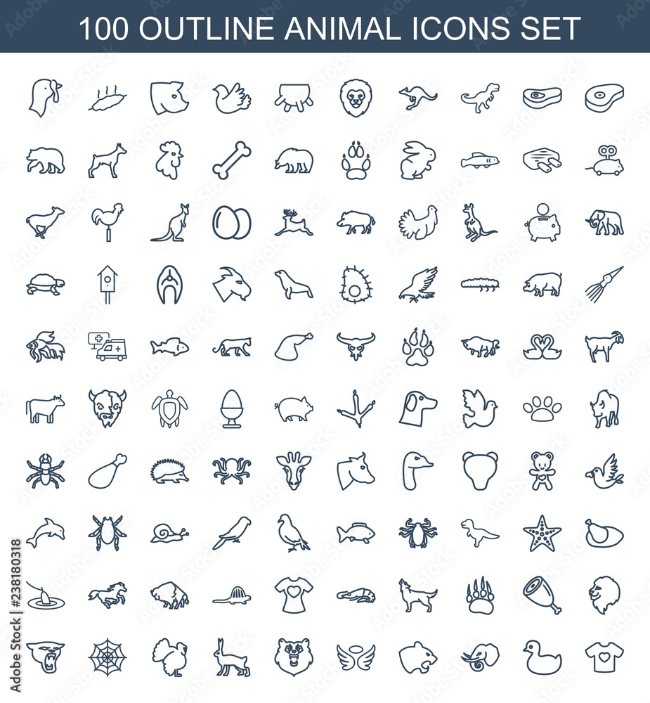 100 animal icons. Trendy animal icons white background. Included outline icons such as t shirt with heart, duck, elephant, panther, wings, bear. animal icon for web and mobile. 100 animal icons. Trendy animal icons white background. Included outline icons such as t shirt with heart, duck, elephant, panther, wings, bear. animal icon for web and mobile.