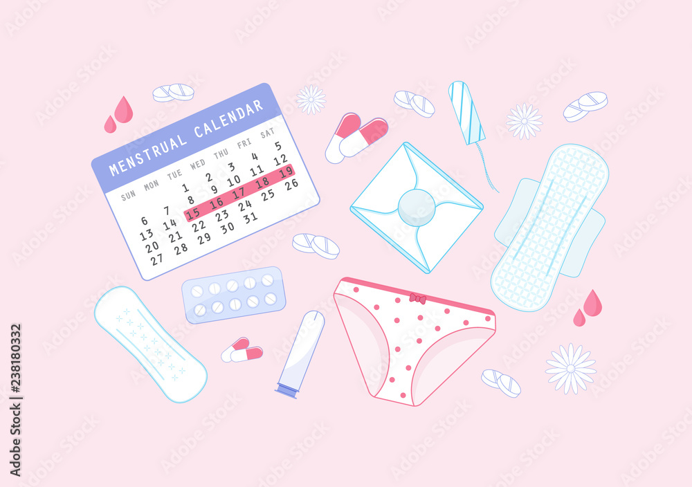 Calendar with sanitary napkins, tampons, pants, tablets, flowers
