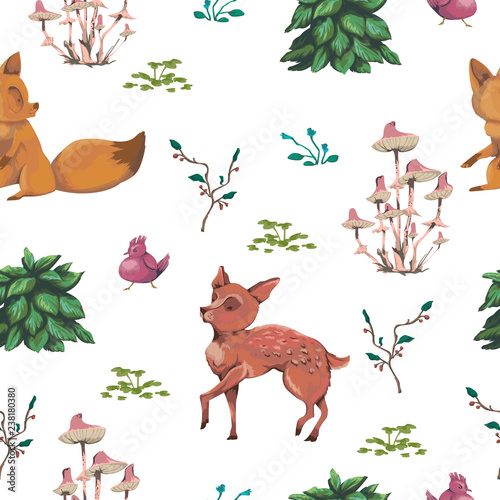 Seamless pattern with baby deer  fox  bird  bush  flowers   leaves  berries and mushrooms. Cute cartoon characters. Hand drawn vector illustration in watercolor style