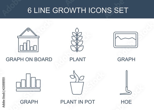 growth icons. Trendy 6 growth icons. Contain icons such as graph on board, plant, graph, plant in pot, hoe. growth icon for web and mobile.