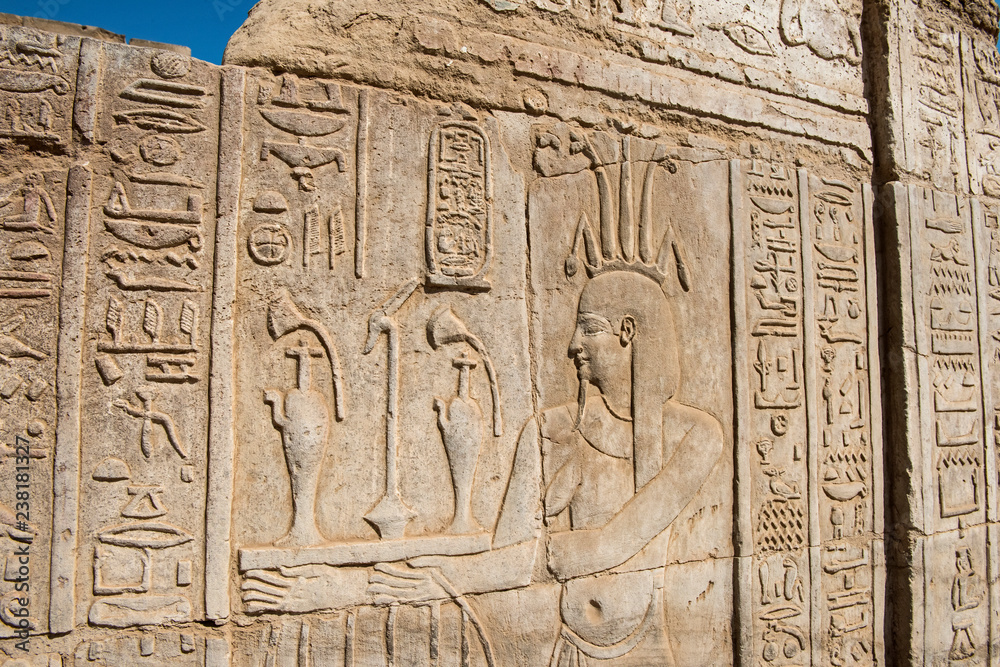 Hieroglyphic carvings on an ancient egyptian temple wall Hieroglyphic carvings on an ancient egyptian temple wall