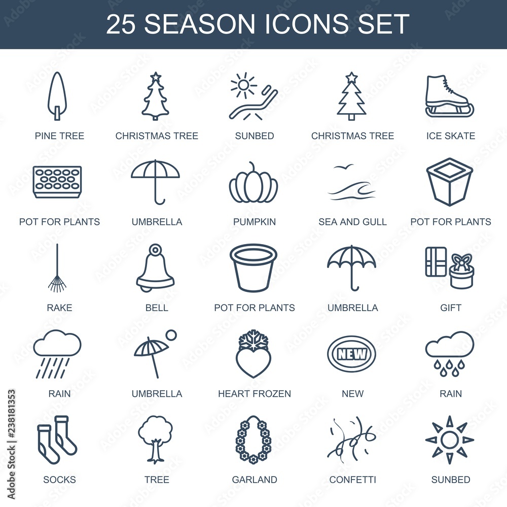 season icons. Trendy 25 season icons. Contain icons such as pine tree, christmas tree, sunbed, Christmas tree, ice skate, pot for plants, umbrella. season icon for web and mobile.