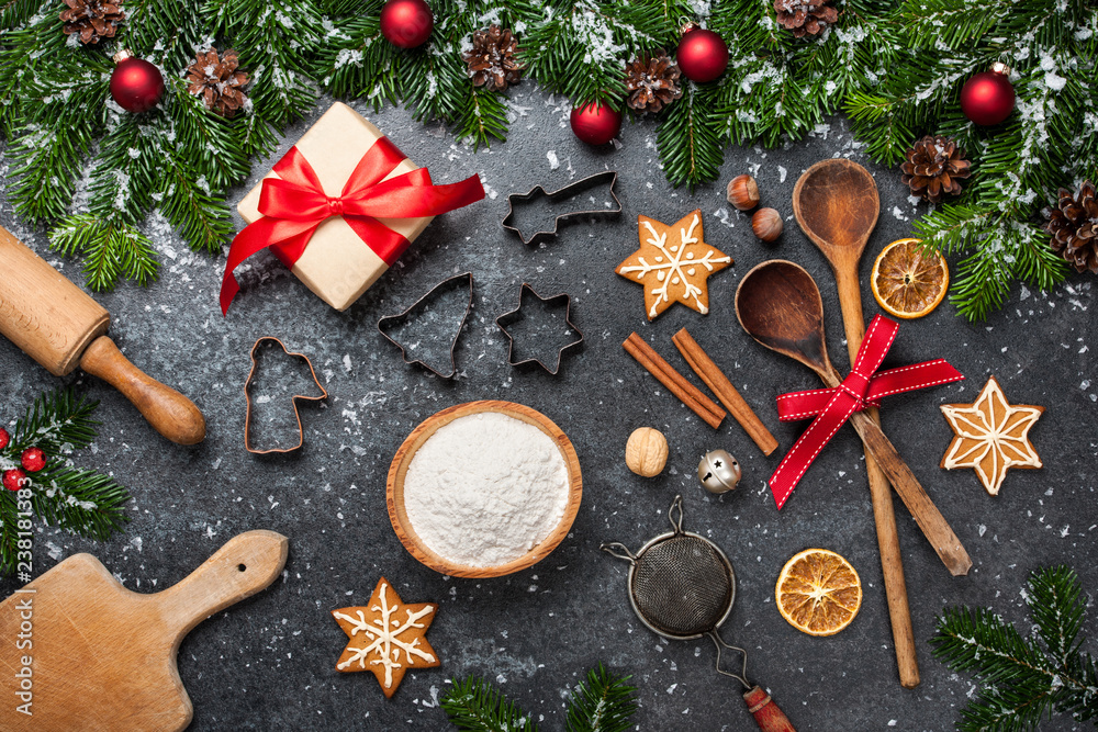 Christmas background. Table for holiday baking cookies Christmas background. Table for holiday baking cookies