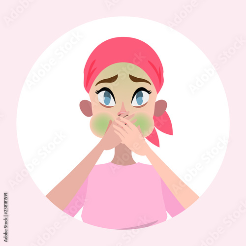 Woman suffer from nausea. Symptom of disease
