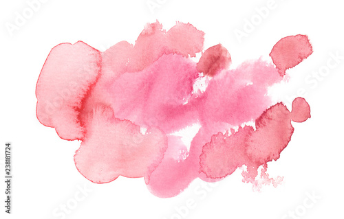 Pastel pink liquid blots and stains painted in watercolor on clean white background
