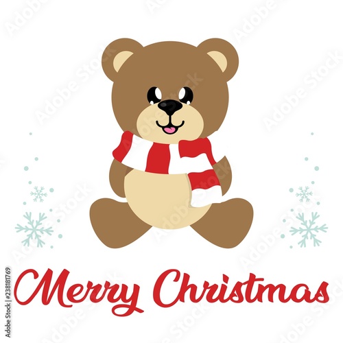 winter christmas cartoon bear with scarf sitting and christmas text © julia_january