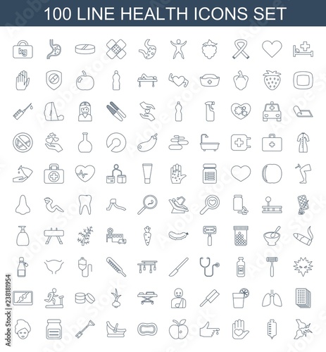 100 health icons. Trendy health icons white background. Included line icons such as broken leg or arm, drop counter, heart on hand, injured finger. health icon for web and mobile.