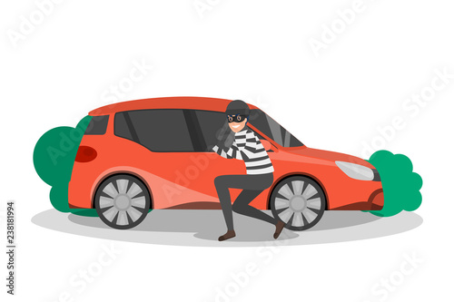 Thief standing at car and break through door