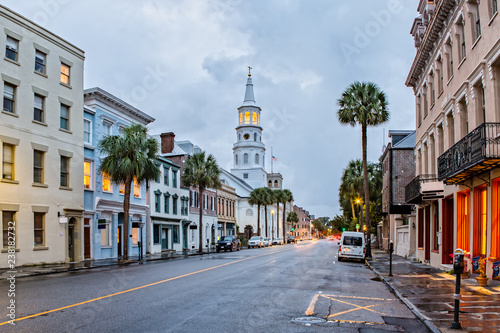 St. Michaels Church and Broad St.  in Charleston, SC at Dusk photo