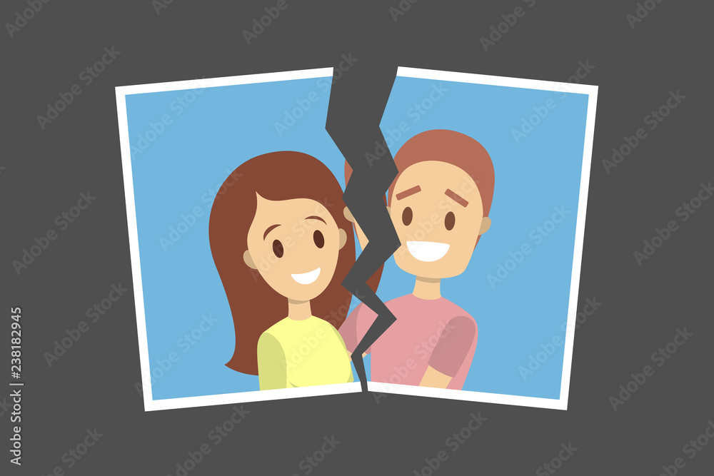 Torn photo of couple. Idea of divorce and break up