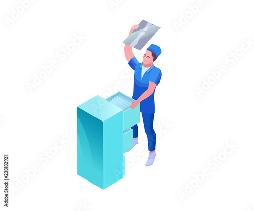 Doctor watching radiograph, 3d isometric vector illustration with medical specialist and x-ray radiogram, isolated people