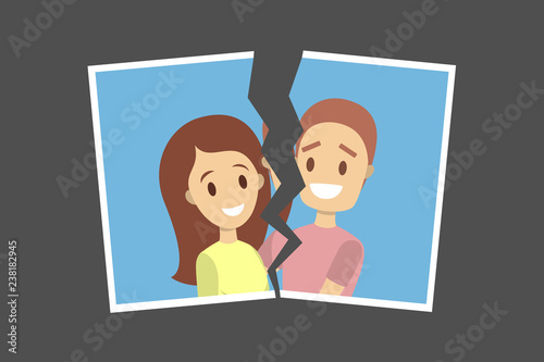 Torn photo of couple. Idea of divorce and break up