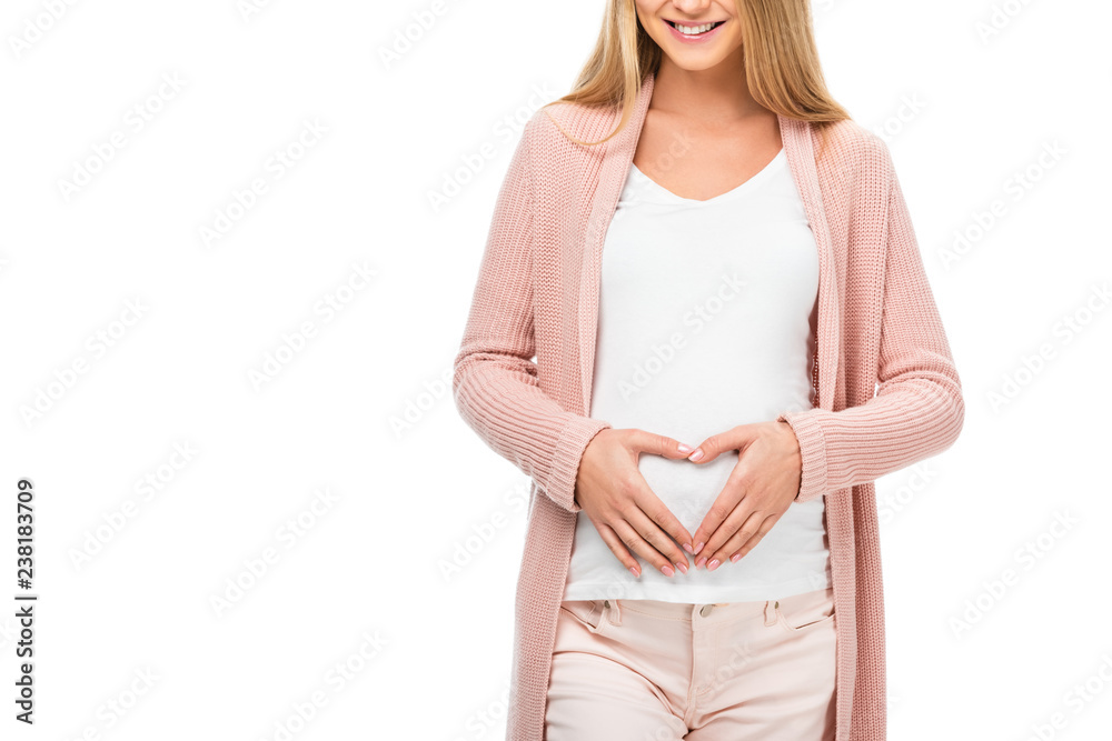 cropped view of pregnant woman showing heart sign with hands isolated on white cropped view of pregnant woman showing heart sign with hands isolated on white