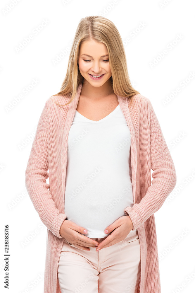 pregnant woman touching belly with both hands isolated on white pregnant woman touching belly with both hands isolated on white