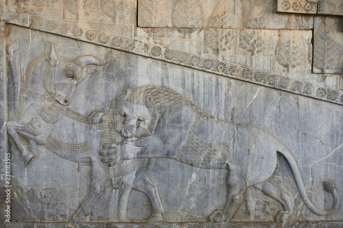 The beautiful reliefs in the ruins of Ancient Persepolis Complex of Near Eastern civilisation with persian architecture, Pars - Iran