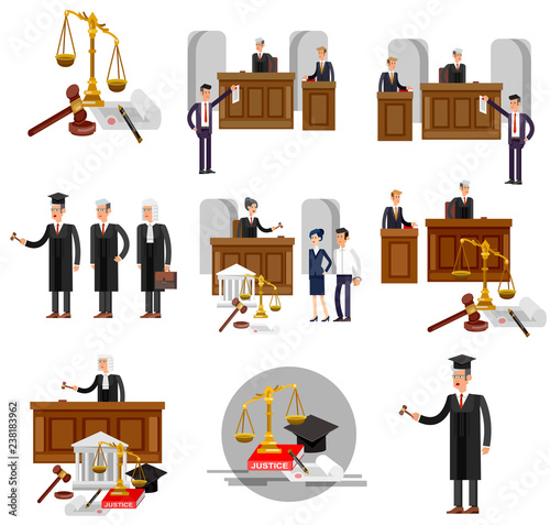 Law horizontal banner set with judical system elements isolated vector illustration