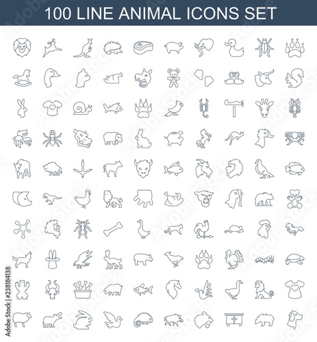100 animal icons. Trendy animal icons white background. Included line icons such as wolf, bear, beehouse, panther, hog, chameleon, bird, rabbit. animal icon for web and mobile.