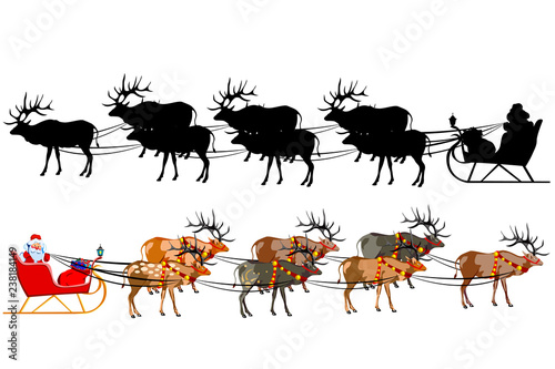 Santa Claus on a sleigh with reindeer, with a handful of gifts. Silhouette of santa claus.