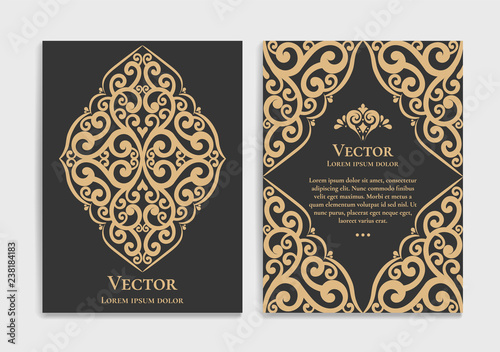 Gold vintage greeting card on a black background. Luxury vector ornament template. Mandala. Great for invitation, flyer, menu, brochure, postcard, wallpaper, decoration, or any desired idea.