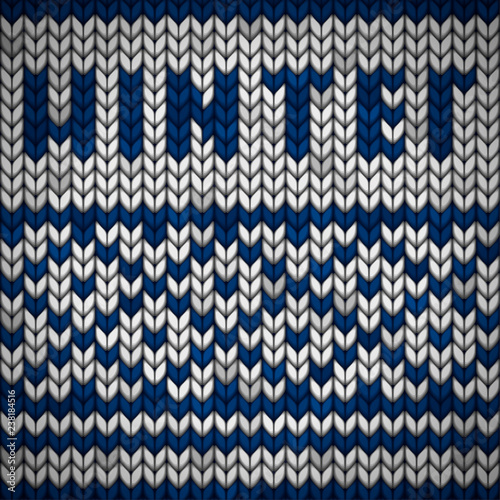 White knitted fabric with a blue  ornament and inscription WINTER.