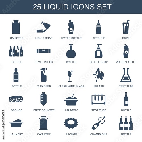 liquid icons. Trendy 25 liquid icons. Contain icons such as canister, liquid soap, water bottle, ketchup, drink, bottle, level ruler, bottle soap. liquid icon for web and mobile.