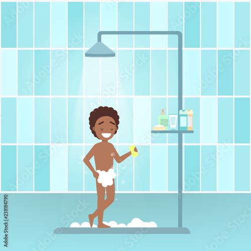 Young boy take shower in the bathroom