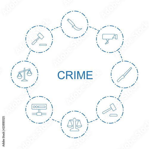 8 crime icons. Trendy crime icons white background. Included line icons such as gardening knife, scales, Security camera, auction hummer, camera. crime icon for web and mobile.