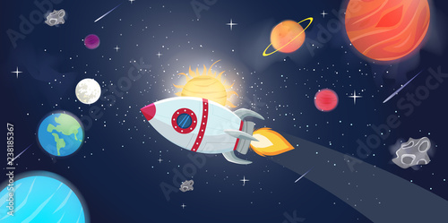 Illustration of flying rocket spacer with space galaxy and planets © wisnu_Ds
