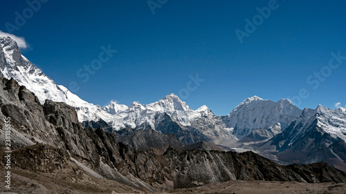 Fototapeta Naklejka Na Ścianę i Meble -  Kongma La pass along the Everest three passes trek. View from the top of Kongma La Pass towards South East in Khumbu Region of Nepal.