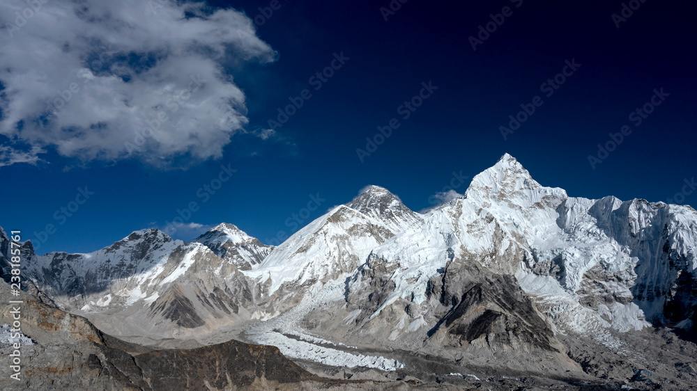 Mount Everest, the highest mountain, locally called Chomolungma seen from Kala Patthar peak.