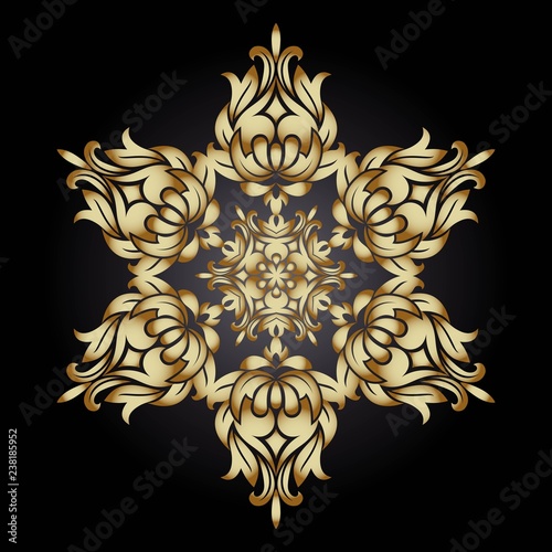 Golden ornament element in the form of a mandala, vector illustration on dark background