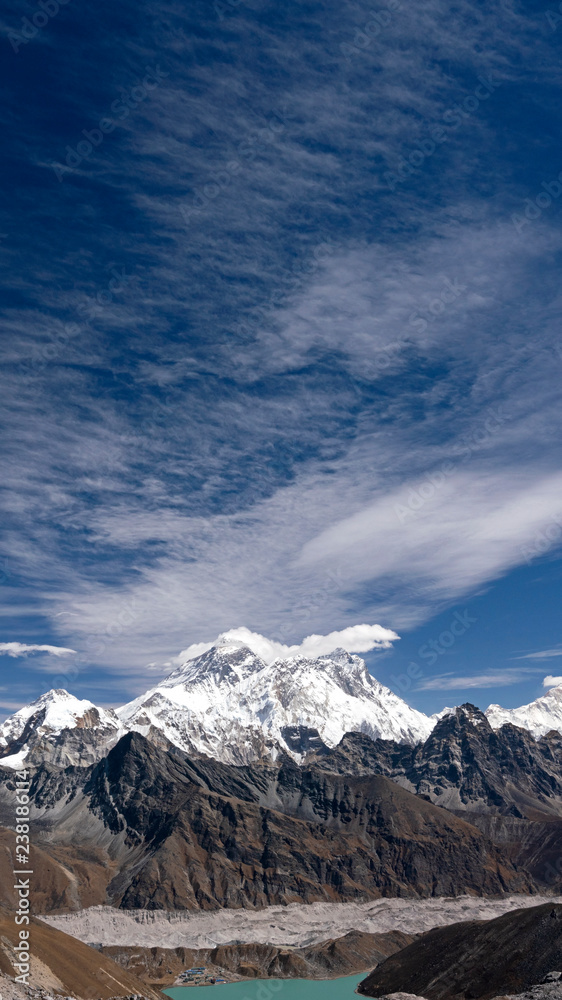 Panorama view from Renjo La high mountain pass. View towards Mount Everest and Gokyo Lake seen from the top of Renjo La pass along Everest three passes trek in Khumbu region of Nepal.
