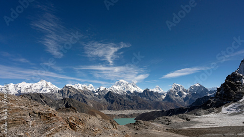Panorama view from Renjo La high mountain pass. View towards Mount Everest and Gokyo Lake seen from the top of Renjo La pass along Everest three passes trek in Khumbu region of Nepal. © Janos