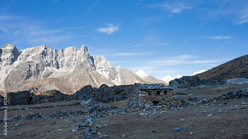 A ruined shelter for Yak herders and traders along Everest three passes trek in Khumbu region of Nepal.