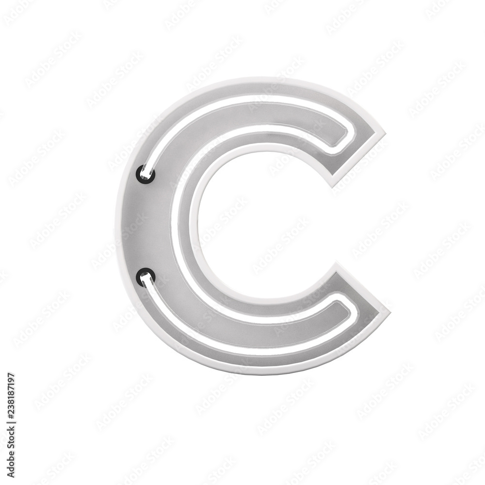 White neon style light letter C. Glowing neon Capital letter. 3D rendering White neon style light letter C. Glowing neon Capital letter. 3D rendering