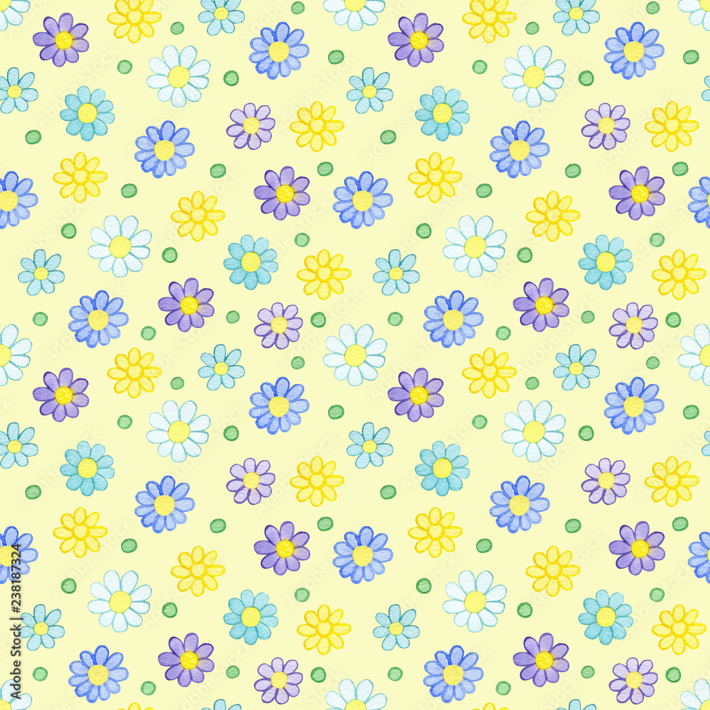 Seamless pattern with watercolor hand drawn yellow, violet and blue flowers and blue points on light yellow background. Background can be easily change for another color