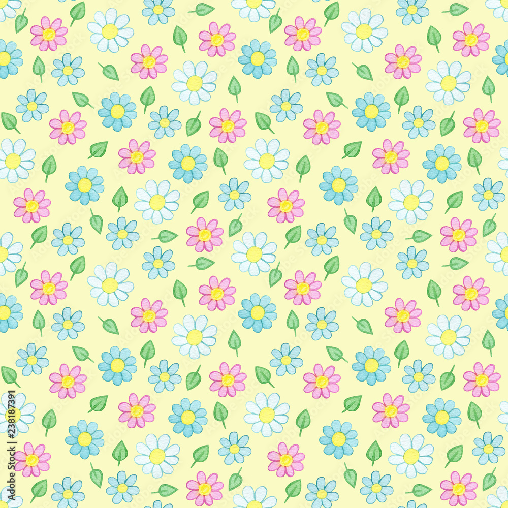 Seamless pattern with watercolor hand drawn pink, blue flowers and green leaves on light yellow background. Background can be easily change for another color