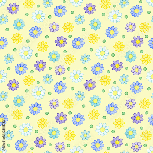 Seamless pattern with watercolor hand drawn yellow, violet and blue flowers and blue points on light yellow background. Background can be easily change for another color